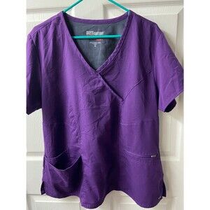 Greys Anatomy Scrubs Top Womens XL Purple V Neck Zippered Pocket Short Sleeved